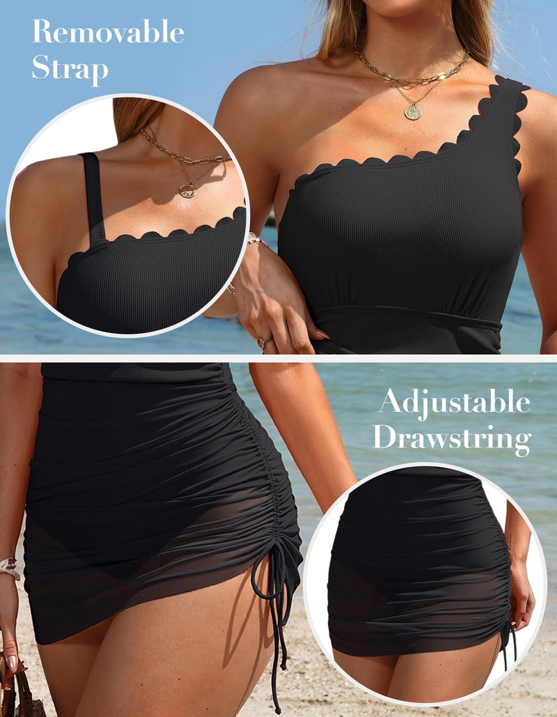 Charmo Tummy Control Swim Suits for Women Scalloped Swim Dress 1 Piece Swimsuit Women One Shoulder Bathing Suit Black M - Image 4