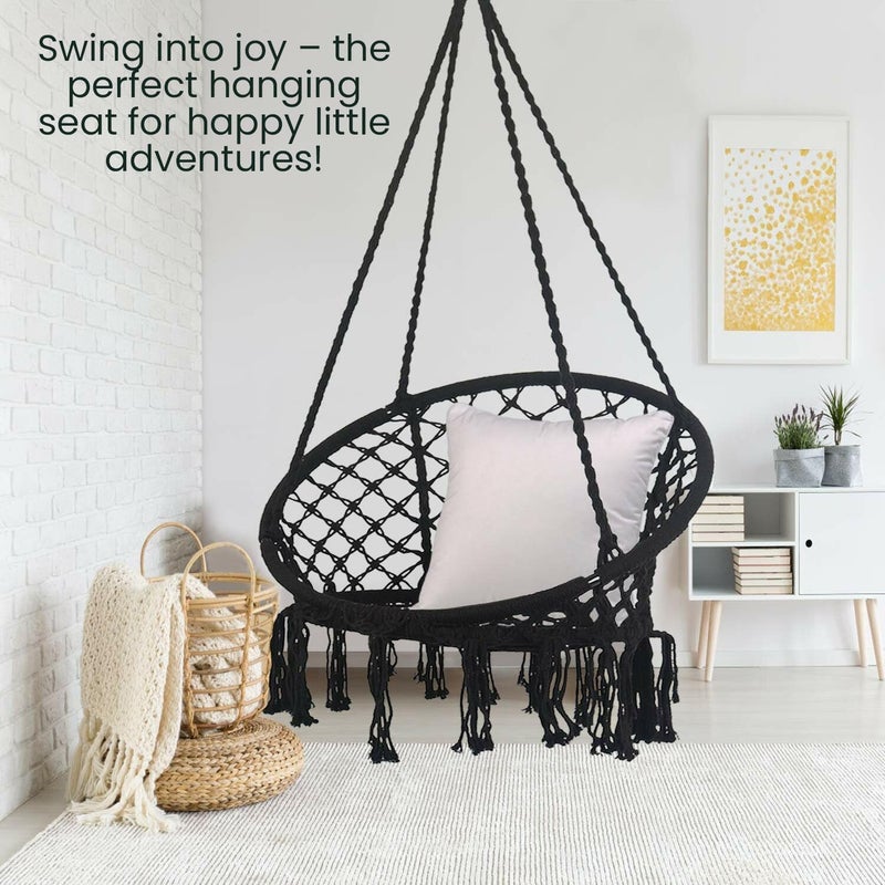ORILEY كرسي أرجوحة معلق بحبل هاموك قطن جولا مع ملحقات لشرفة غرفة المعيشة داخلية وخارجية سعة 120 كجم مناسب للأطفال والبالغين (عبوة من 1، 20x20x65 بوصة، أسود/أحمر) - Image 2