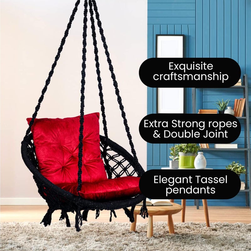 ORILEY كرسي أرجوحة معلق بحبل هاموك قطن جولا مع ملحقات لشرفة غرفة المعيشة داخلية وخارجية سعة 120 كجم مناسب للأطفال والبالغين (عبوة من 1، 20x20x65 بوصة، أسود/أحمر) - Image 4
