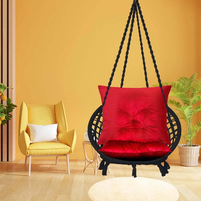 ORILEY كرسي أرجوحة معلق بحبل هاموك قطن جولا مع ملحقات لشرفة غرفة المعيشة داخلية وخارجية سعة 120 كجم مناسب للأطفال والبالغين (عبوة من 1، 20x20x65 بوصة، أسود/أحمر) - Image 1