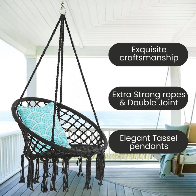 ORILEY كرسي أرجوحة معلق بحبل هاموك قطن جولا مع ملحقات لشرفة غرفة المعيشة داخلية وخارجية سعة 120 كجم مناسب للأطفال والبالغين (عبوة من 1، 20x20x65 بوصة، أسود/أحمر) - Image 5