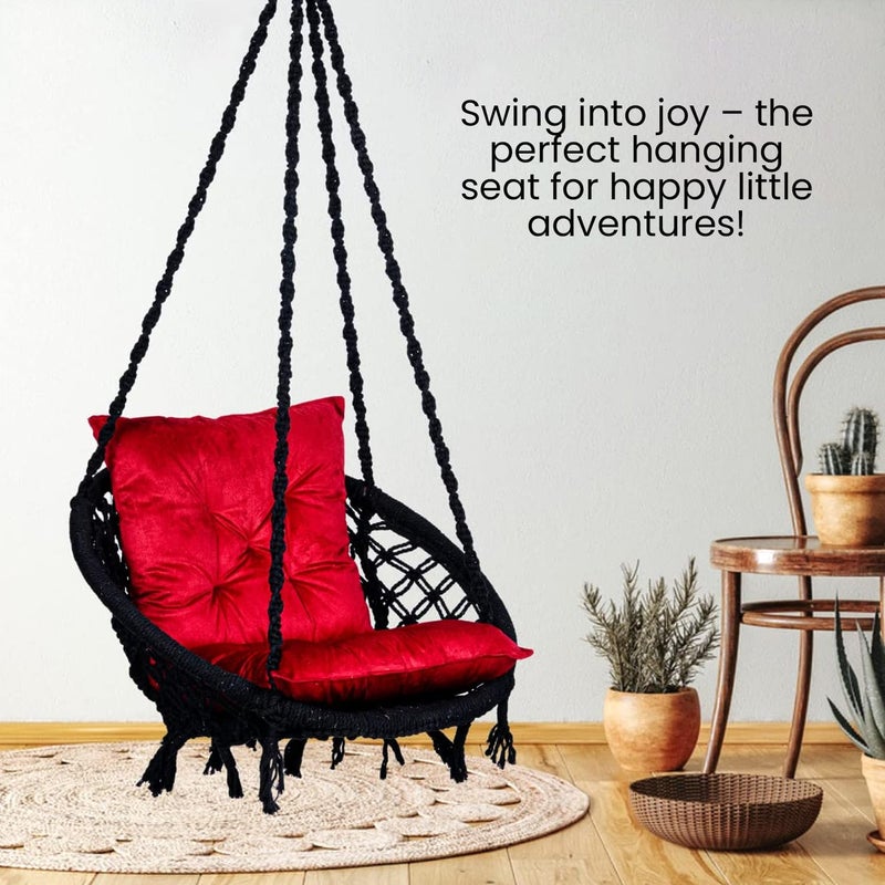 ORILEY كرسي أرجوحة معلق بحبل هاموك قطن جولا مع ملحقات لشرفة غرفة المعيشة داخلية وخارجية سعة 120 كجم مناسب للأطفال والبالغين (عبوة من 1، 20x20x65 بوصة، أسود/أحمر) - Image 3