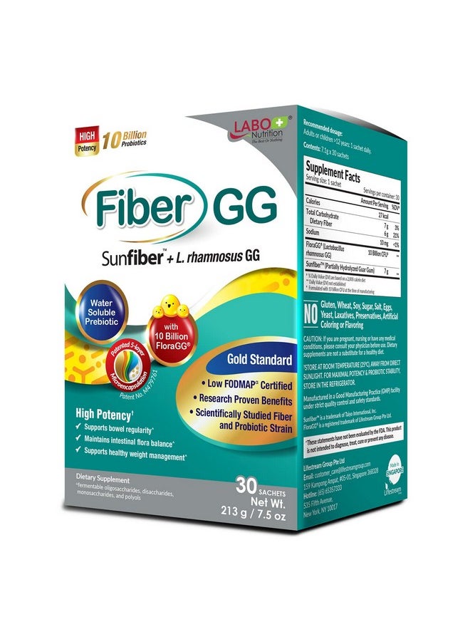 LABO Nutrition - Fibergg Lactobacillus Rhamnosus Gg 10 Billion Cfu Active Probiotics And 7G Sunfiber Prebiotic Fiber Supplement Support Healthy Intestinal Immune Health Gluten Free 30 Sachets - Image 1