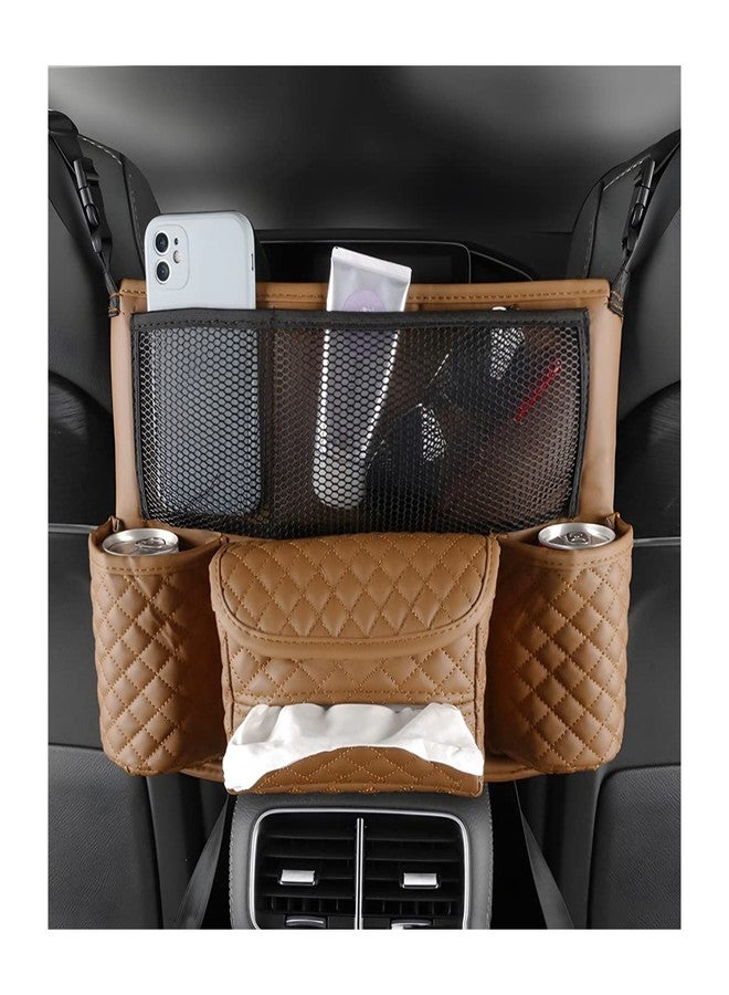 zipelo Car Handbag Holder Between Seats, PU Leather Multi-Pocket Large Capacity Purse Holder, Auto Net Bag Barrier of Backseat Pet Kids, Car Seat Organizers and Storage for Cargo Tissue Cup (Brown) - Image 1