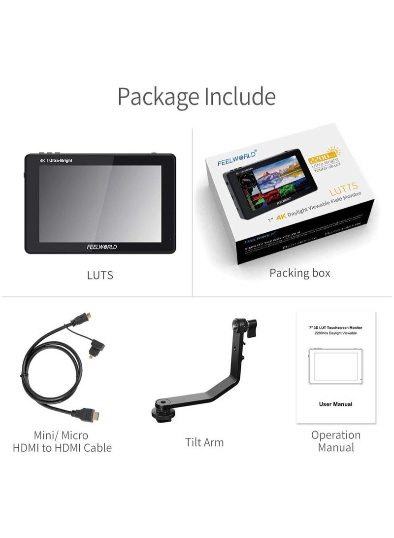 فيل وورلد شاشة كاميرا FEELWORLD LUT7S بحجم 7 بوصة – دعم 3D LUT، مدخل HDMI و3G-SDI، شاشة لمس فائقة السطوع بدقة 4K للمصورين وصناع الأفلام - Image 3