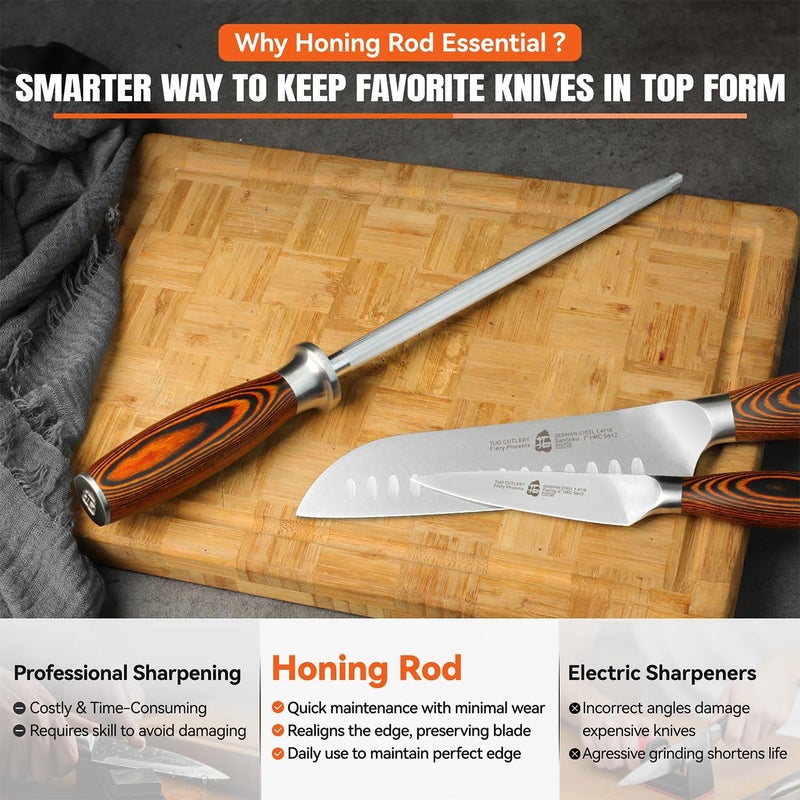 TUO Honing Rod, Sharpening Steel with Larger Diameter for Kitchen Knife Daily Sharpening Maintenance, High Carbon Steel Knife Sharpener Rod, Ergonomic Handle, 8 inch - Image 5