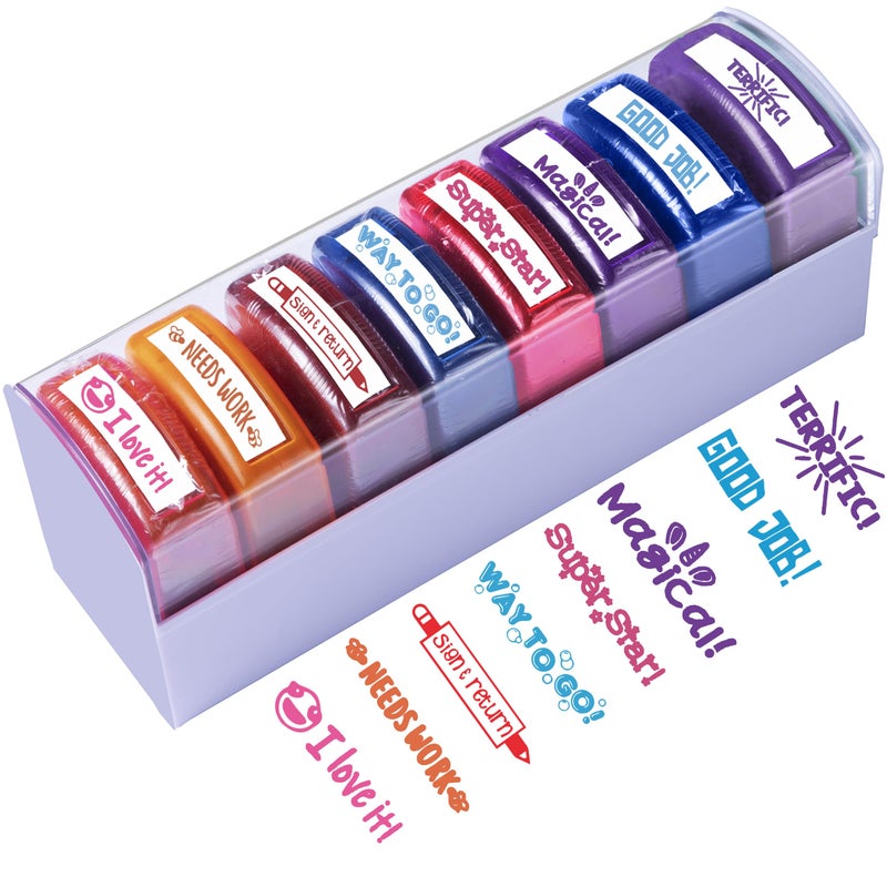 Tickselect Teacher Stamps for Classroom Grading â€“ 8PCS Self-Inking Rectangular Teacher Stamp â€“ Colorful Stamps for Teachers with Motivational Messages â€“ Perfect Classroom Supplies & Gifts for Homeschool - Image 1