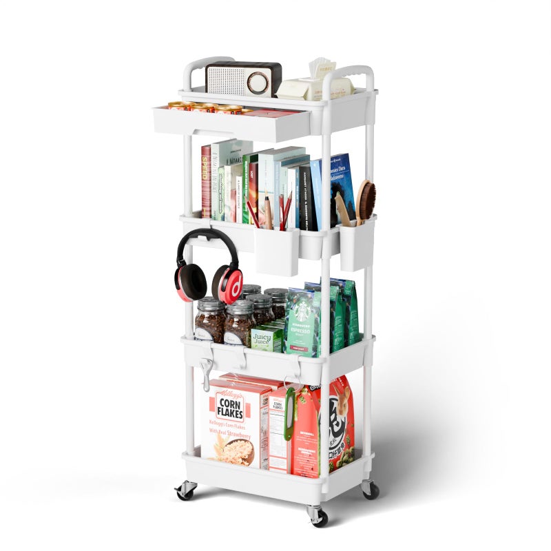 Sorgion 4 Tier Rolling Cart Organizer,Art Craft Diaper Bedside Snack Laundry Room Bathroom Organizer Narrow Thin Slim Rolling Trolley Utility Cart with Wheels for Kitchen,Office(White) - Image 1