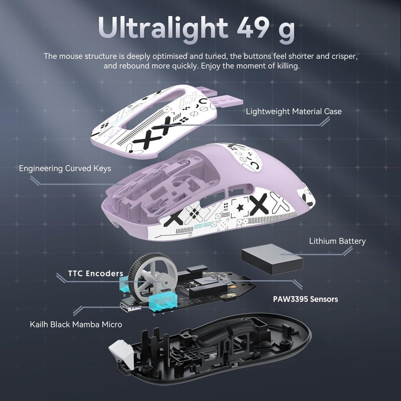 MANBASNAKE ATTACK SHARK X3 Wireless Gaming Mouse, 49g Bluetooth/2.4G/USB-C Ergonomic Computer Mouse, PAW3395 26K DPI Sensor, 200h Battery Life, Programmable Buttons, Gaming Accessories for PC/Laptop/Mac - Image 5