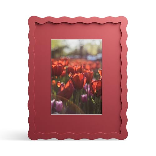 THKRLOF 8x10 Picture Frame with Mat for 5x7 Wavy Edge Wooden Real Glass Photo Frame for Tabletop and Wall Hanging Red 1 Pack - Image 1