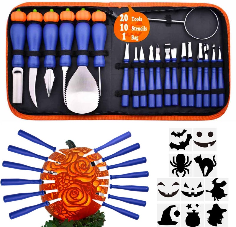 CarveFun Pumpkin Carving Kit Heavy Duty Stainless Steel Tools with Carrying Case Total 31 Pieces Pumpkin Carver Pumpkin Sculpting Set Halloween Party Decorating Gift for Adults Blue