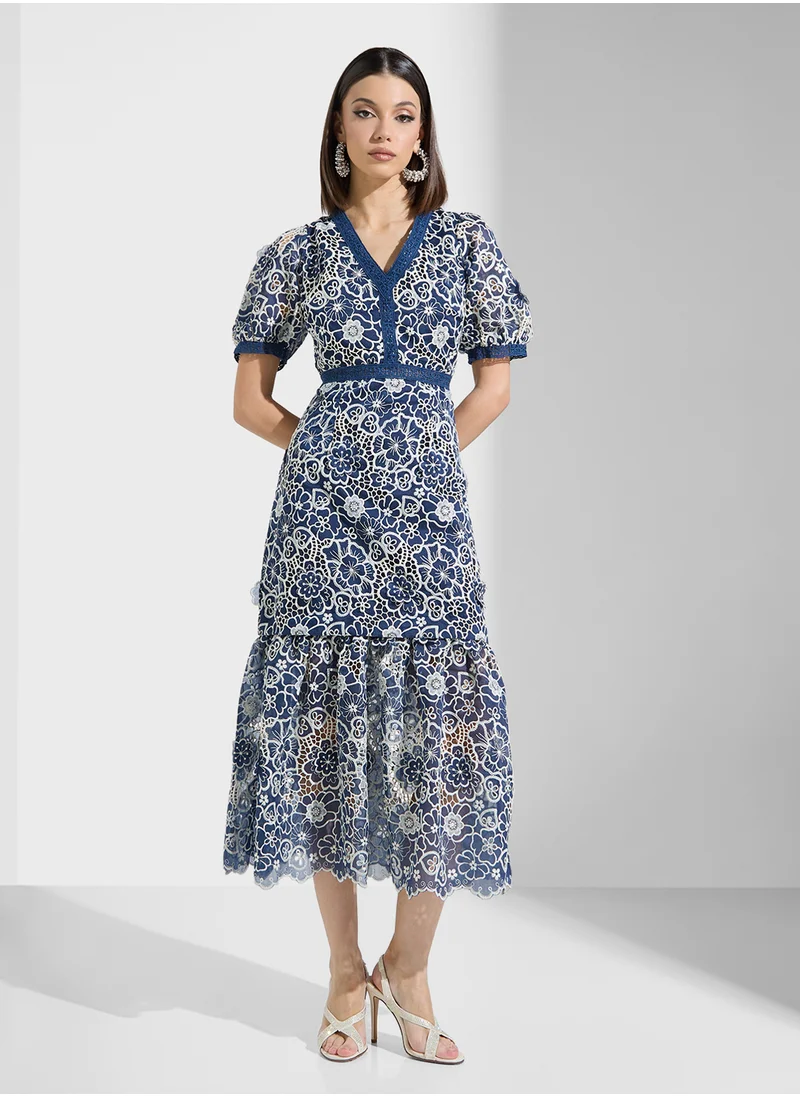 Just Me Floral Embo Organza Ruffle Botton Maxi Dress