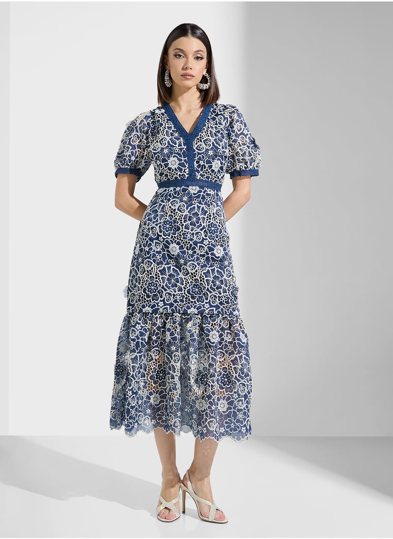 Just Me - Floral Embo Organza Ruffle Botton Maxi Dress - Image 1