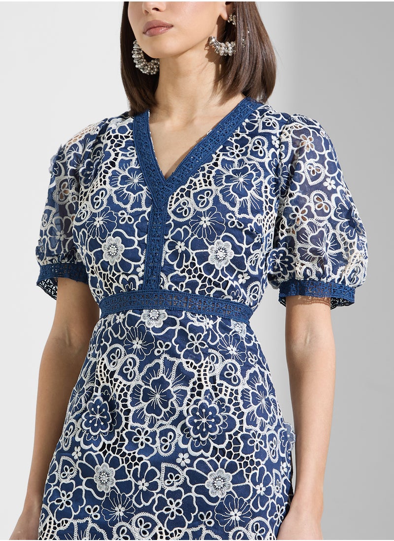 Just Me - Floral Embo Organza Ruffle Botton Maxi Dress - Image 1