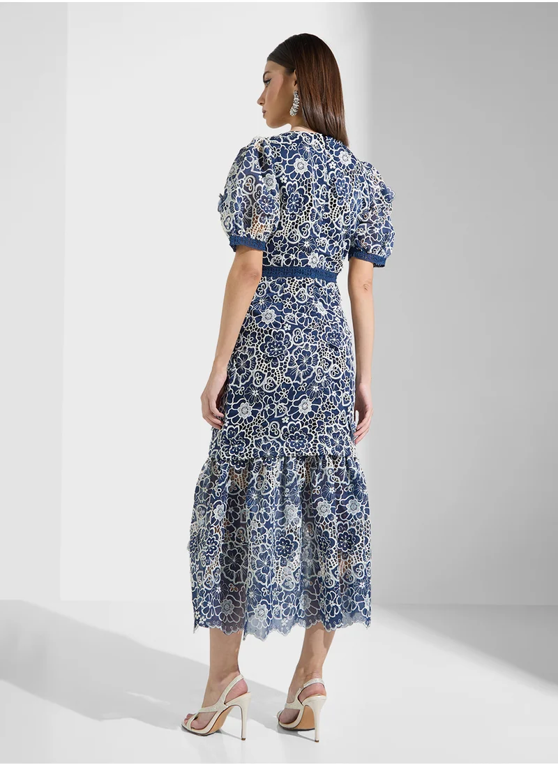 Just Me Floral Embo Organza Ruffle Botton Maxi Dress