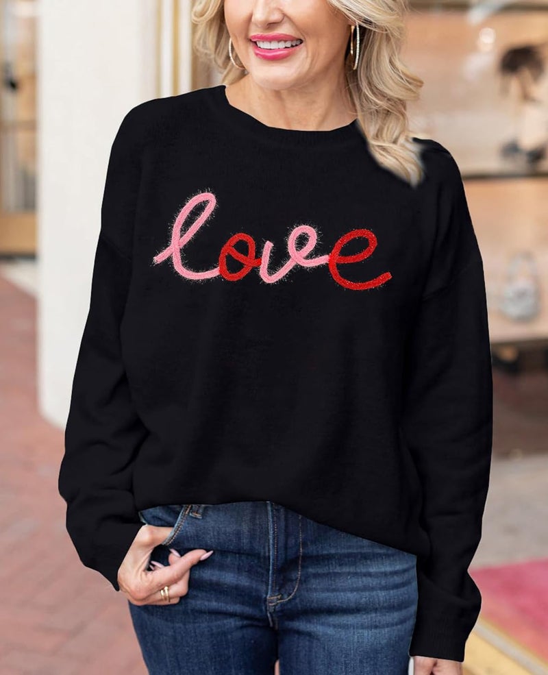 SELINK Women's Valentines Sweater Crew Neck XOXO Heart Print Casual Long Sleeve Pullover Tops Sweaters Black Love-M - Image 2