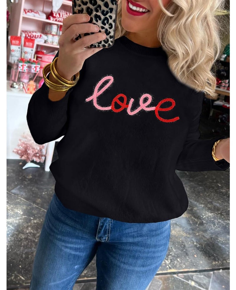 SELINK Women's Valentines Sweater Crew Neck XOXO Heart Print Casual Long Sleeve Pullover Tops Sweaters Black Love-M - Image 3