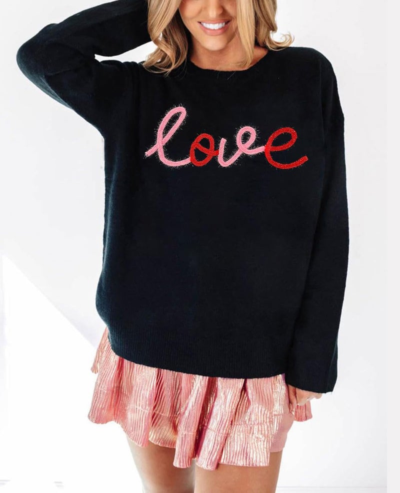 SELINK Women's Valentines Sweater Crew Neck XOXO Heart Print Casual Long Sleeve Pullover Tops Sweaters Black Love-M - Image 4