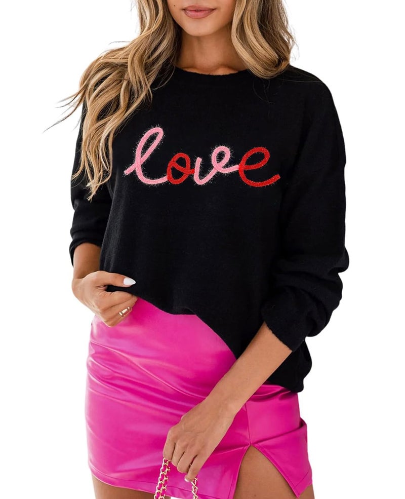 SELINK Women's Valentines Sweater Crew Neck XOXO Heart Print Casual Long Sleeve Pullover Tops Sweaters Black Love-M - Image 1