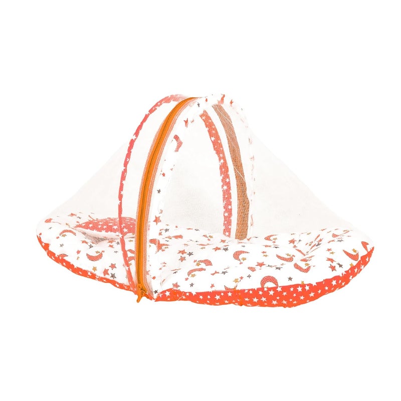 Kid's Charm Kids Charm StarMoon Premium Baby Net Bed with Thick Mattress Mosquito Net with Zip Closure Neck Pillow Baby Bedding for New Born Baby Sleeping Bed Mega for 48 Months Babies Orange - Image 1
