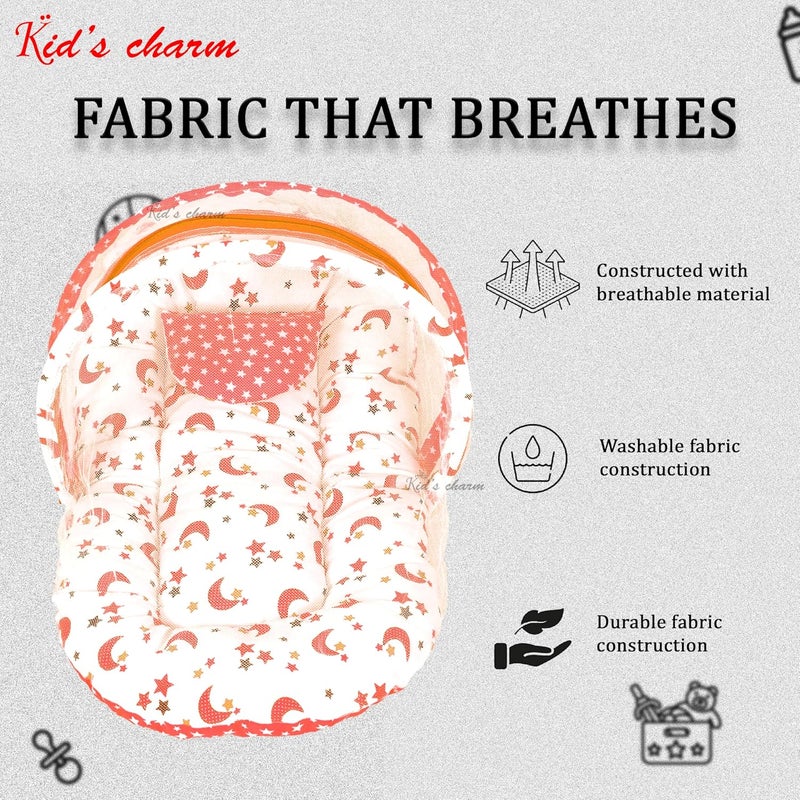 Kid's Charm Kids Charm StarMoon Premium Baby Net Bed with Thick Mattress Mosquito Net with Zip Closure Neck Pillow Baby Bedding for New Born Baby Sleeping Bed Mega for 48 Months Babies Orange - Image 5
