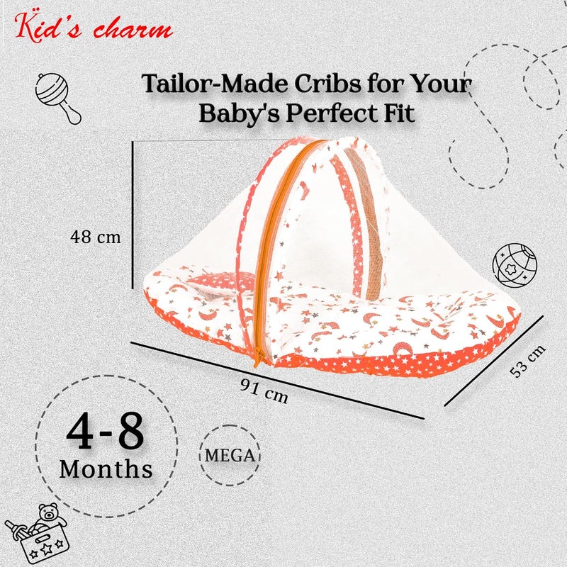 Kid's Charm Kids Charm StarMoon Premium Baby Net Bed with Thick Mattress Mosquito Net with Zip Closure Neck Pillow Baby Bedding for New Born Baby Sleeping Bed Mega for 48 Months Babies Orange - Image 2