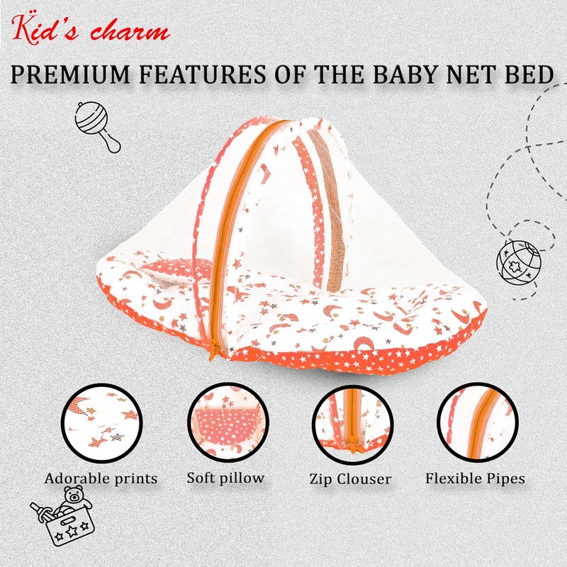 Kid's Charm Kids Charm StarMoon Premium Baby Net Bed with Thick Mattress Mosquito Net with Zip Closure Neck Pillow Baby Bedding for New Born Baby Sleeping Bed Mega for 48 Months Babies Orange - Image 4