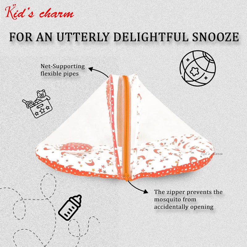 Kid's Charm Kids Charm StarMoon Premium Baby Net Bed with Thick Mattress Mosquito Net with Zip Closure Neck Pillow Baby Bedding for New Born Baby Sleeping Bed Mega for 48 Months Babies Orange - Image 3