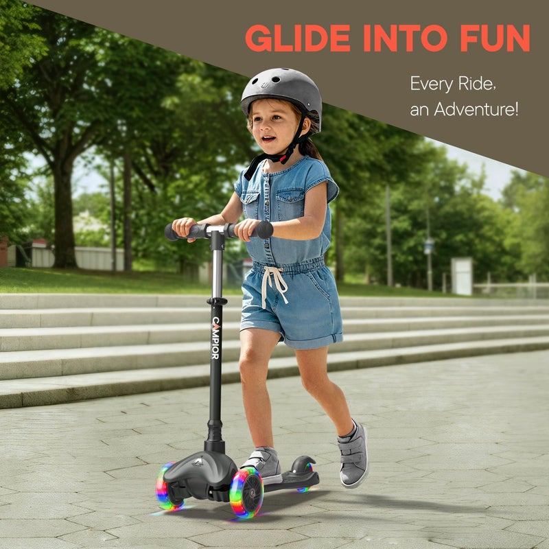Campior Black Mini 3 Wheel Scooter for Kids â€“ Lean-to-Steer with LED Light-Up Wheels, Adjustable Handlebar, Wide Anti-Slip Deck, Smooth PU Wheels, Rear Foot Brake â€“ Toddler Scooter for Ages 2+ - Image 3