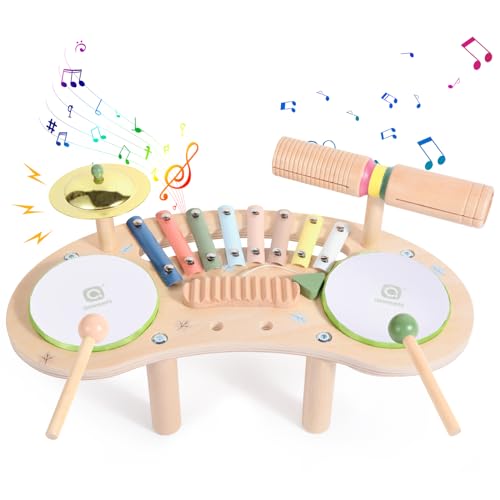 Asweets 7 in 1 Kids Drum Set for Toddlers Wooden Xylophone Musical Instruments Kit Play Set for Toddler Baby Drum Set Montessori Toys Sensory Toys Birthday Gifts for Girls Boys Moon - Image 1