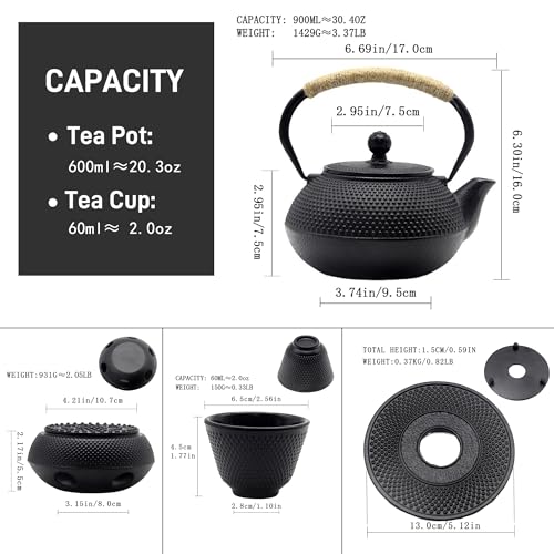 YJX Japanese Tetsubin Tea Kettle Set with Cups, Cast Iron Teapot with Stainless Steel Infuser and Enameled Interior (900ml) - Image 5