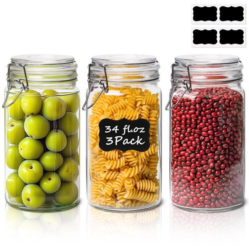ComSaf Glass Jars with Airtight Lid Set of 3, Mason Jars 34 oz, Pickling Jar, Canning Jar 34oz, 34 oz Glass Containers with Lids for Kitchen, Pickle, Flour, Cereal, Pasta, Sugar, Herb - Image 1