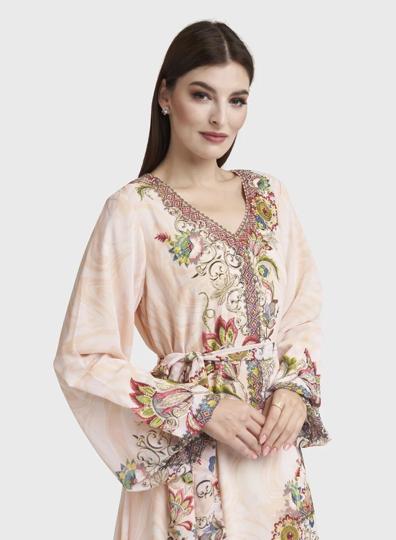 KASHKHA Peach Georgette Abstract Floral Print Dress (VDM936)