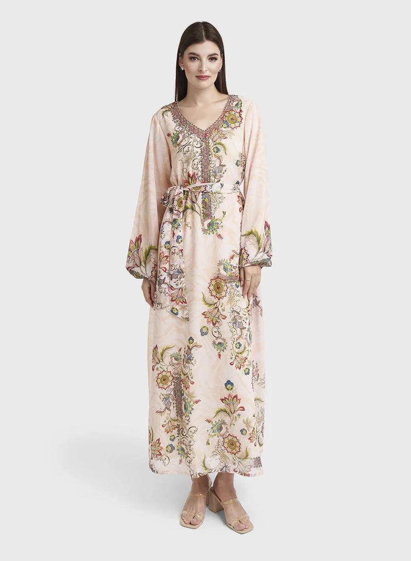 KASHKHA Peach Georgette Abstract Floral Print Dress (VDM936)