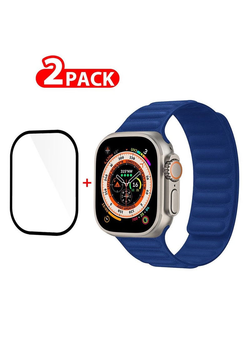 CATANES 2 Packs For Apple Watch Band 49mm Leather Link Strap Magnetic Loop Bracelet and 3D Screen Protector Dark Blue  - Image 1