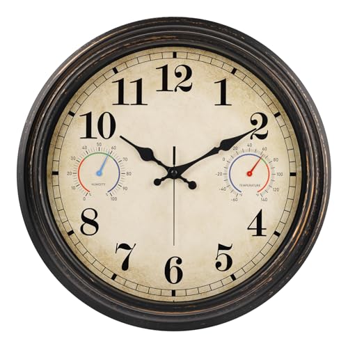 Alarllok 16 Inch Large Outdoor Clock with Thermometer and Hygrometer Combo Waterproof Indoor Outdoor Wall Clocks for Patio Pool Garden Backyard Decor Retro Bronze - Image 1