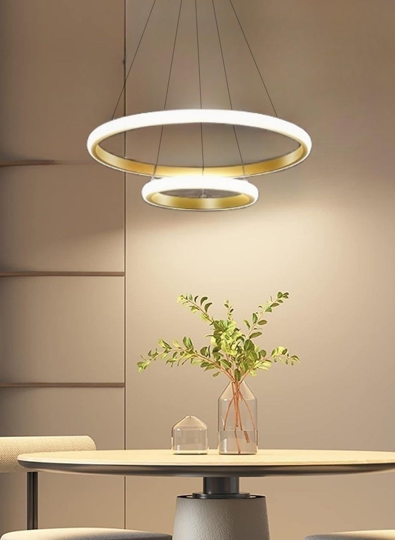 LOOPITYS Modern golden ring pendant light, dimmable LED pendant light with remote control, 1-meter-long adjustable LED pendant light, suitable for dining rooms, living rooms, kitchens, islands, corridors, entrance halls (2-ring, three color temperature 3000K-6000K) - Image 2