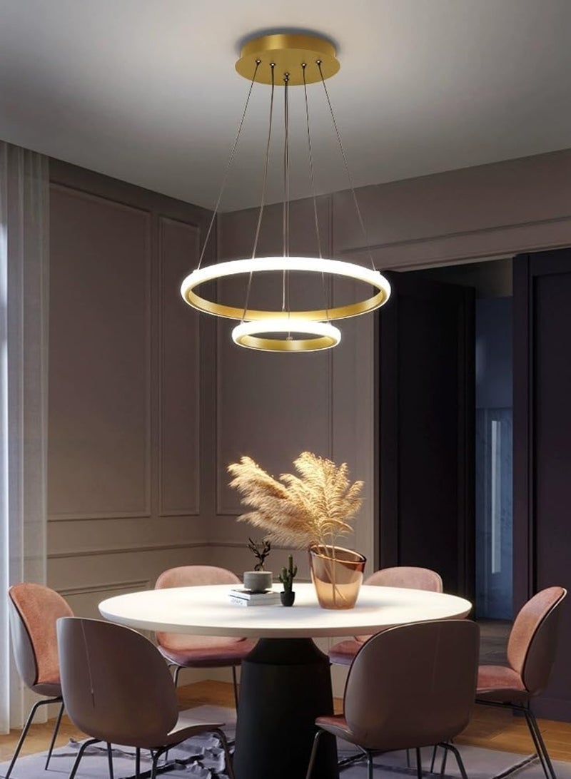 LOOPITYS Modern golden ring pendant light, dimmable LED pendant light with remote control, 1-meter-long adjustable LED pendant light, suitable for dining rooms, living rooms, kitchens, islands, corridors, entrance halls (2-ring, three color temperature 3000K-6000K) - Image 1
