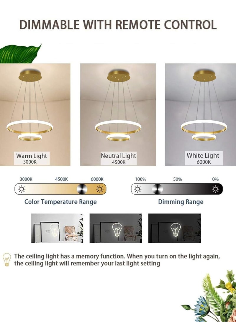 LOOPITYS Modern golden ring pendant light, dimmable LED pendant light with remote control, 1-meter-long adjustable LED pendant light, suitable for dining rooms, living rooms, kitchens, islands, corridors, entrance halls (2-ring, three color temperature 3000K-6000K) - Image 3