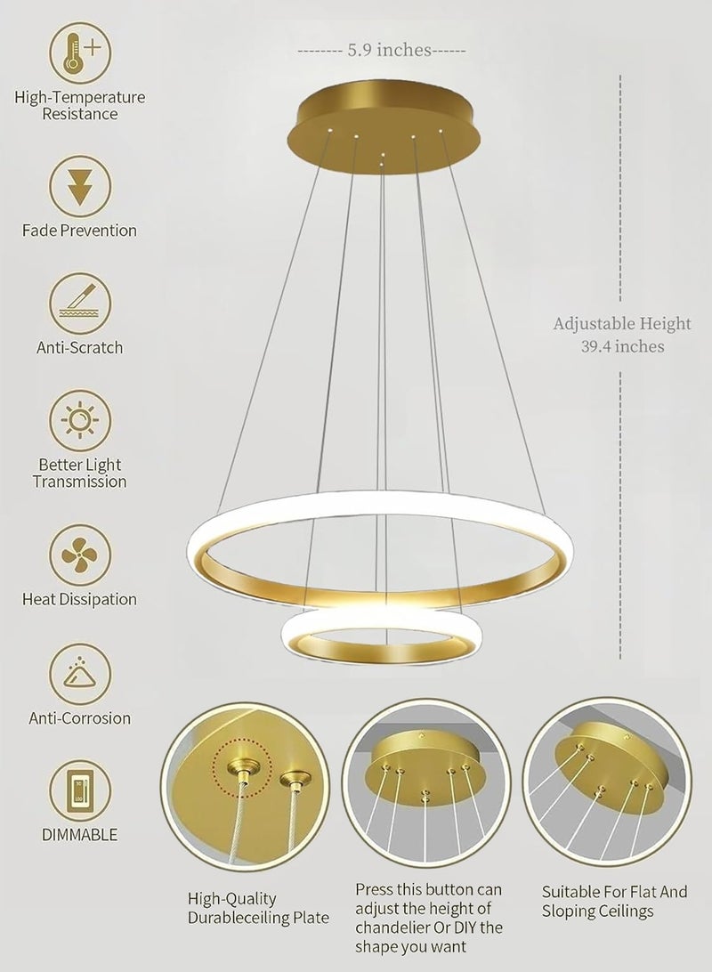 LOOPITYS Modern golden ring pendant light, dimmable LED pendant light with remote control, 1-meter-long adjustable LED pendant light, suitable for dining rooms, living rooms, kitchens, islands, corridors, entrance halls (2-ring, three color temperature 3000K-6000K) - Image 4