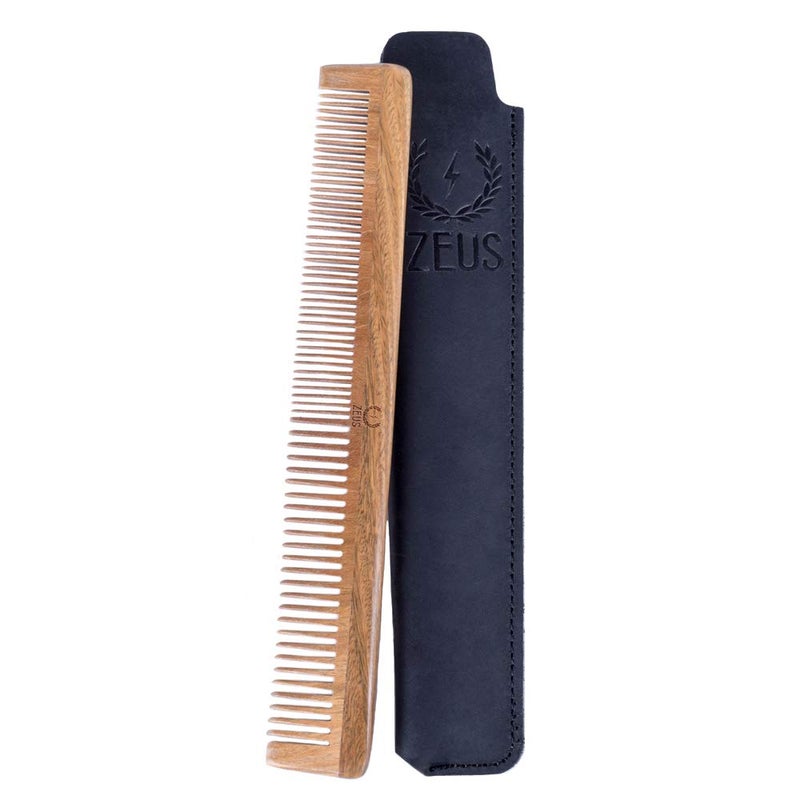 ZEUS Sandalwood Beard  Mustache Comb with Leather Case Long Handmade SawCut  AntiStatic Hair Comb L31