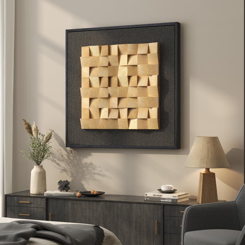 Cuspin Framed 3D Textured Wood Wall Art, Modern Minimalist Nature Wood Geometric Artwork for Walls, Contemporary Rustic Black Sandstone Painting Wall Decor for Living Room, Bedroom, Kitchen, Office, 28x28 - Image 2