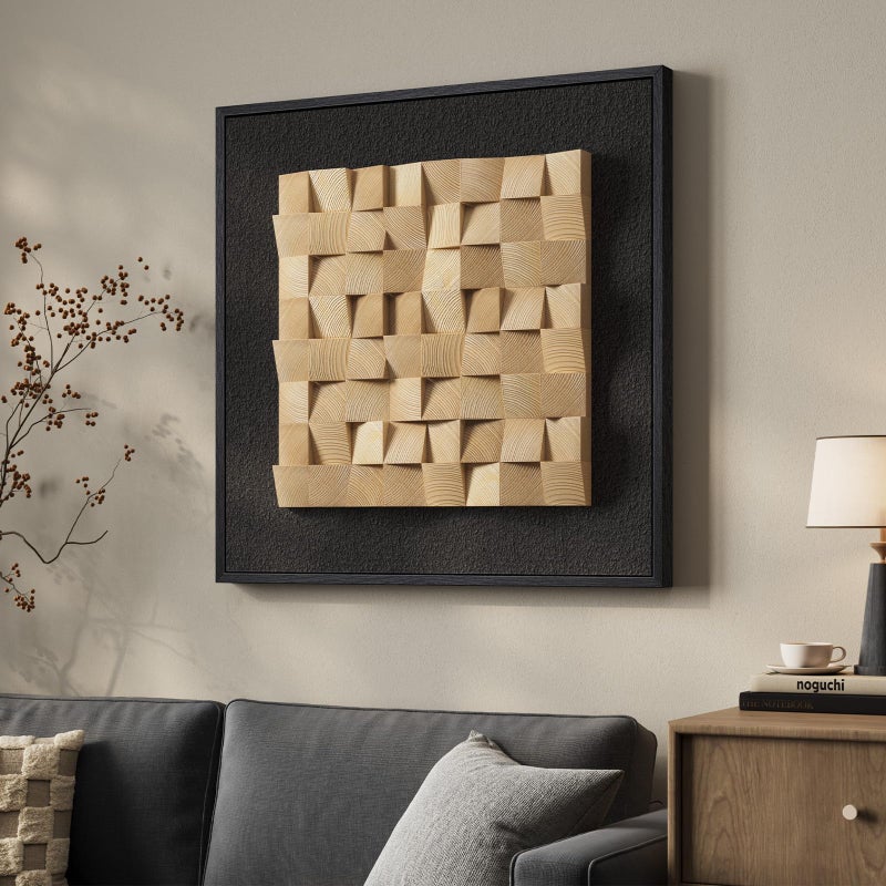 Cuspin Framed 3D Textured Wood Wall Art, Modern Minimalist Nature Wood Geometric Artwork for Walls, Contemporary Rustic Black Sandstone Painting Wall Decor for Living Room, Bedroom, Kitchen, Office, 28x28 - Image 1