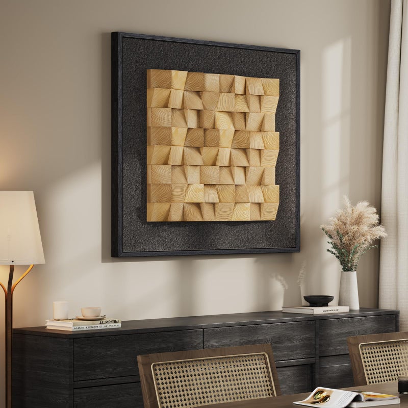 Cuspin Framed 3D Textured Wood Wall Art, Modern Minimalist Nature Wood Geometric Artwork for Walls, Contemporary Rustic Black Sandstone Painting Wall Decor for Living Room, Bedroom, Kitchen, Office, 28x28 - Image 4