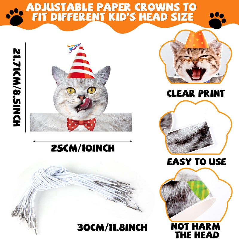 Oitnlaughter 24 Pcs Cat Birthday Party Hats Cats Theme Party Supplies Kitten Parties Paper Crowns Animal Kitties Cat Faces Headbands for Girls Kids Birthday Baby Shower Decorations - Image 2