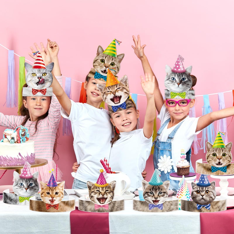 Oitnlaughter 24 Pcs Cat Birthday Party Hats Cats Theme Party Supplies Kitten Parties Paper Crowns Animal Kitties Cat Faces Headbands for Girls Kids Birthday Baby Shower Decorations - Image 5