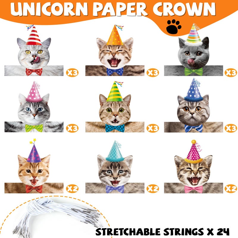 Oitnlaughter 24 Pcs Cat Birthday Party Hats Cats Theme Party Supplies Kitten Parties Paper Crowns Animal Kitties Cat Faces Headbands for Girls Kids Birthday Baby Shower Decorations - Image 3