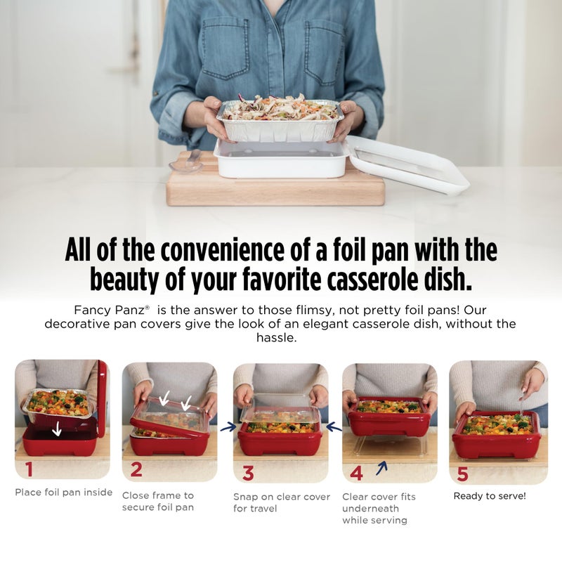 Fancy Panz, 8x8 Serving Tray for Foil Pans with Removable Lid, Made in The USA Foil Pan Carrier, Stackable Travel Casserole Carrier, White - Image 2
