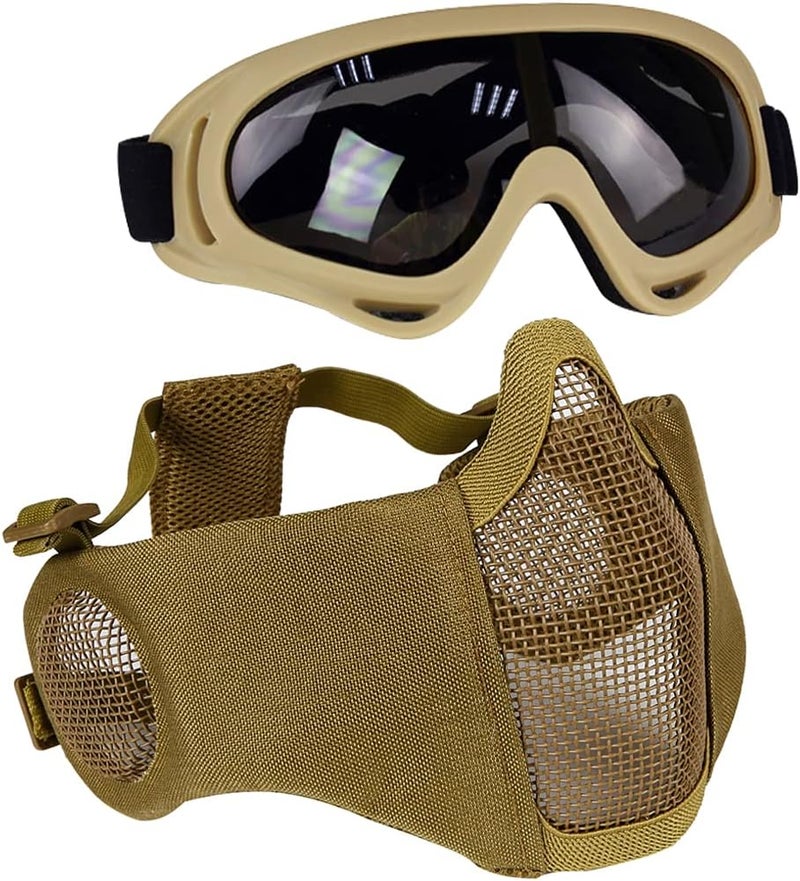 Aoutacc Airsoft Protective Gear Set, Half Face Mesh Mask with Ear Protection and Tactical Goggles for Adult Men Women BBS Paintball Shooting CS Survival Games Cosplay - Image 1