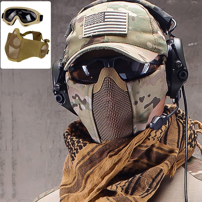 Aoutacc Airsoft Protective Gear Set, Half Face Mesh Mask with Ear Protection and Tactical Goggles for Adult Men Women BBS Paintball Shooting CS Survival Games Cosplay - Image 3